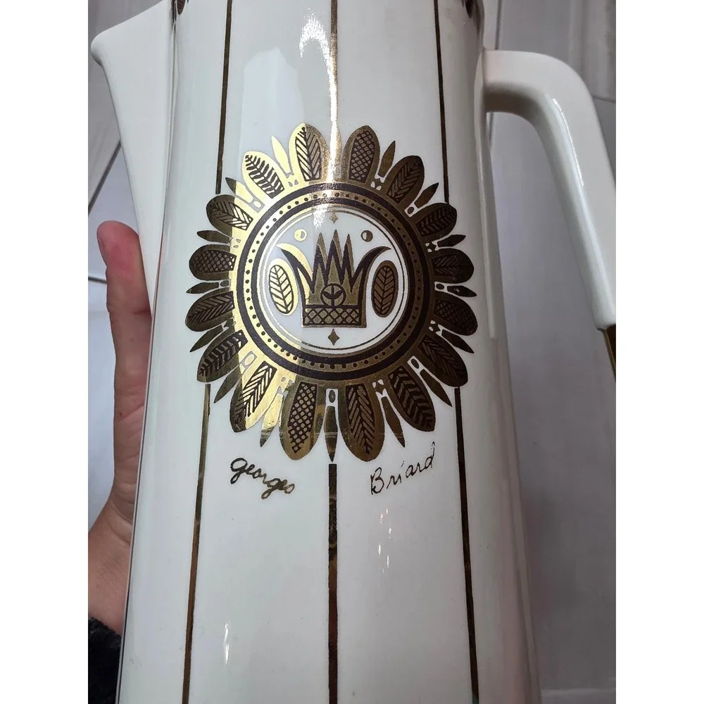Georges Briard Vintage Mid Century Modern Gold Crown Ceramic Pitcher 9.25